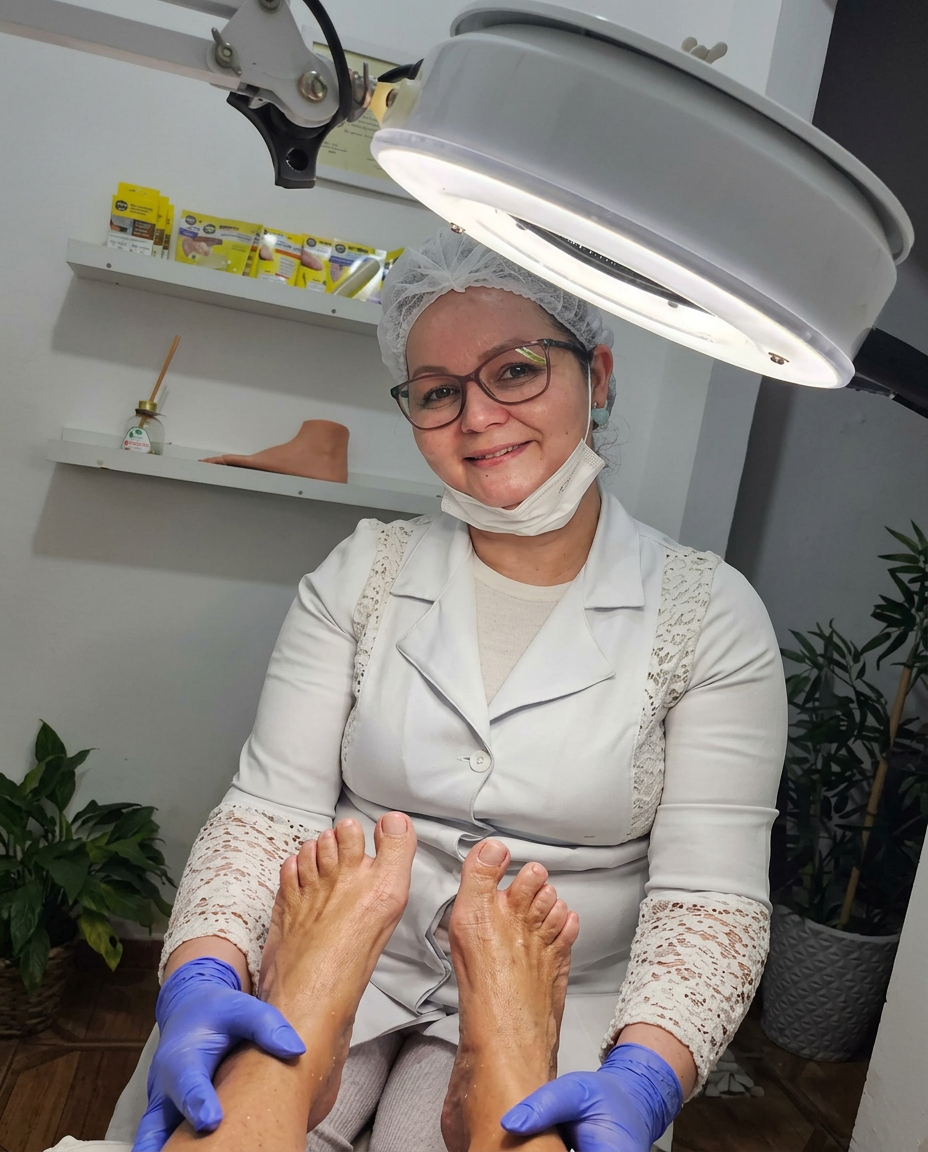Clau, podóloga, sorrindo durante atendimento no consultório